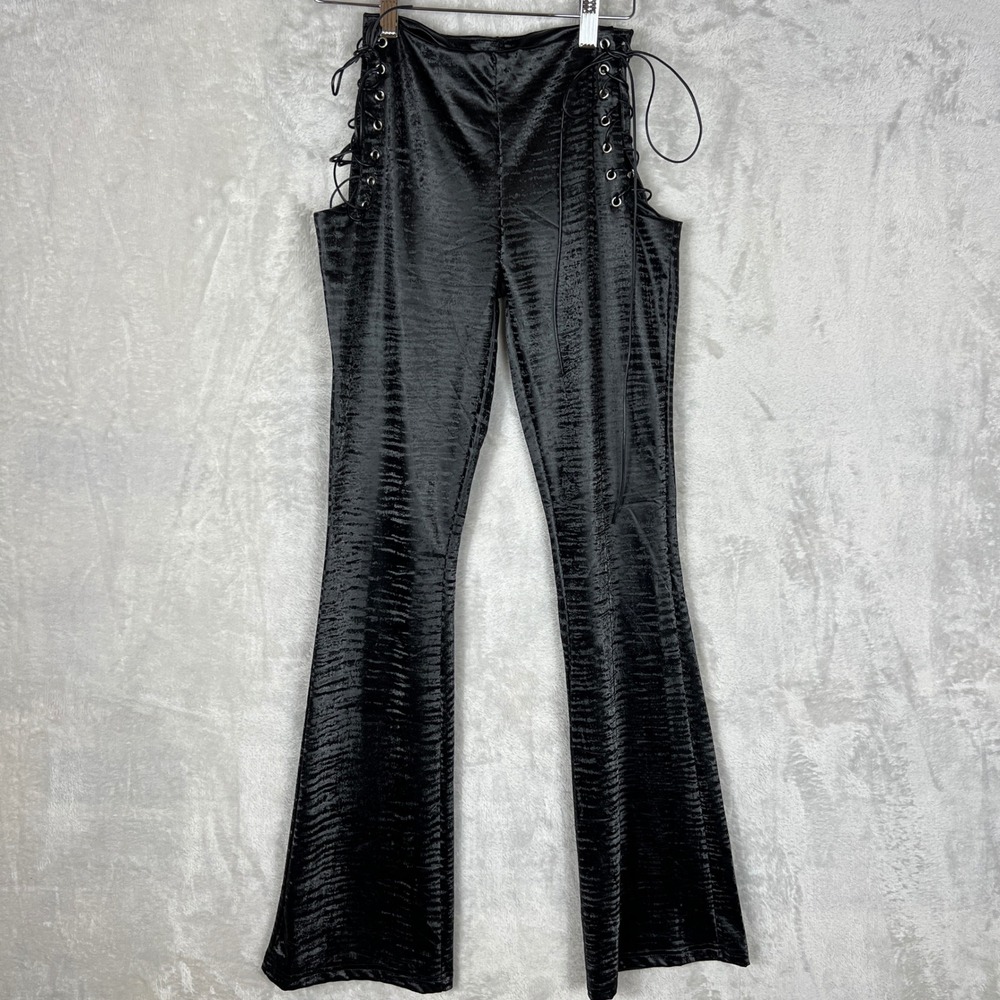 Womens Black Lace Up Side Flare Leg SHEIN Pants Size XS/2 Festival Grunge